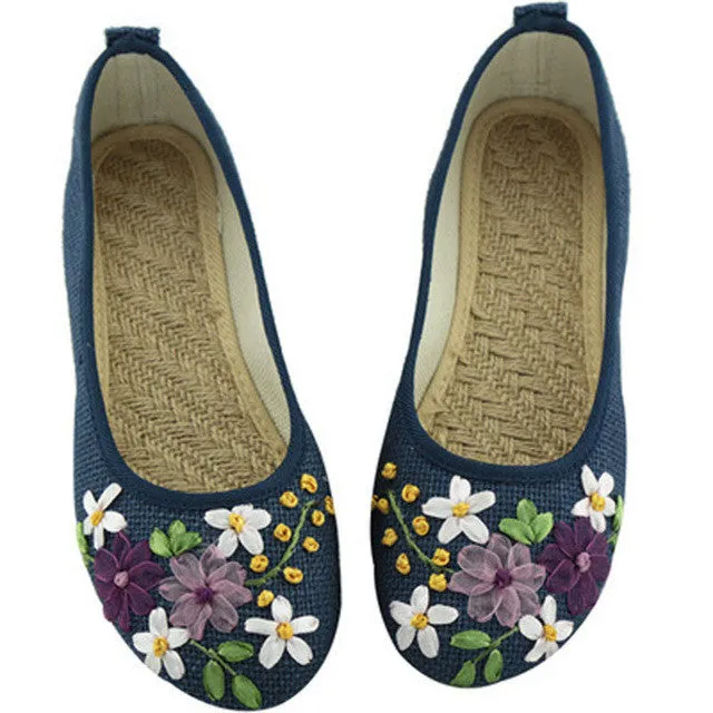 Comfortable  Flower  Slip On Cotton Fabric Flats