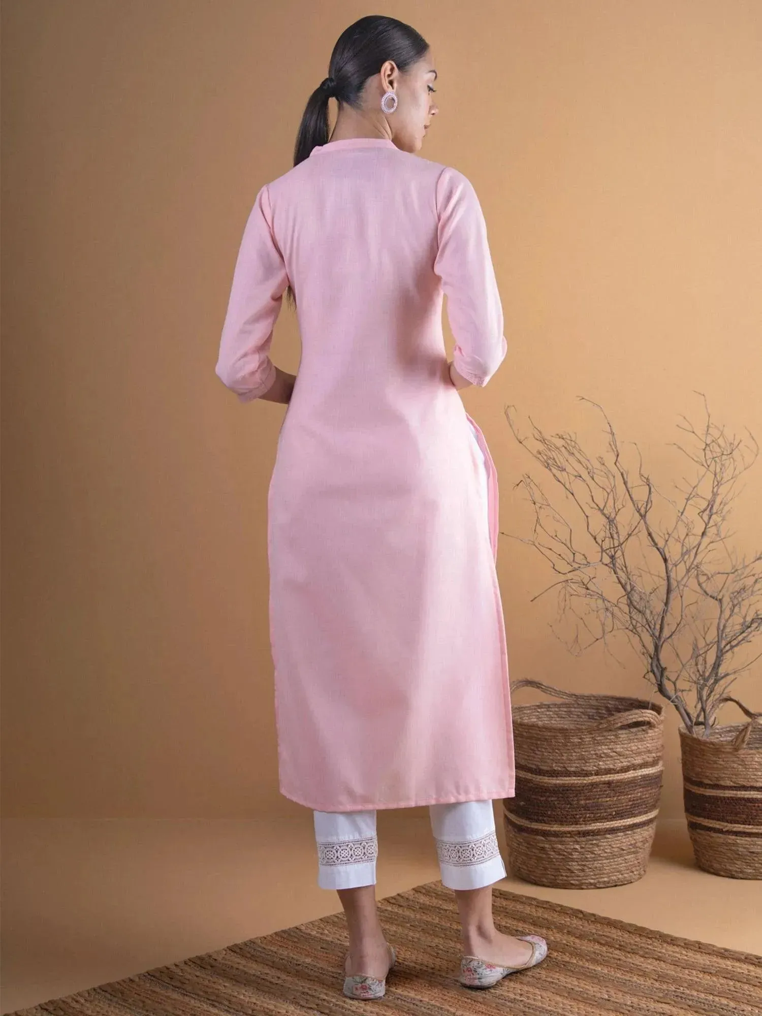 Pink Solid Cotton Kurta