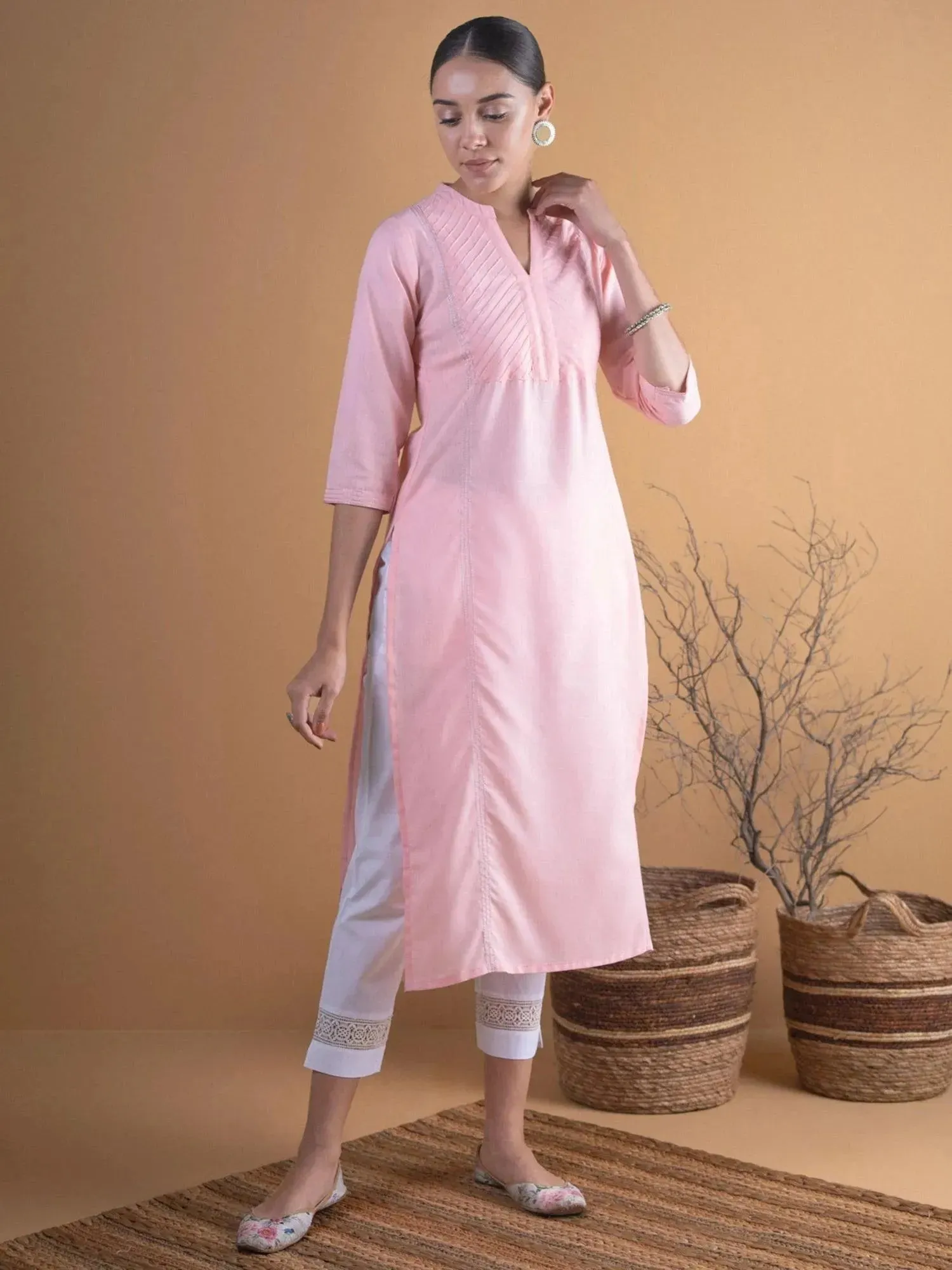 Pink Solid Cotton Kurta