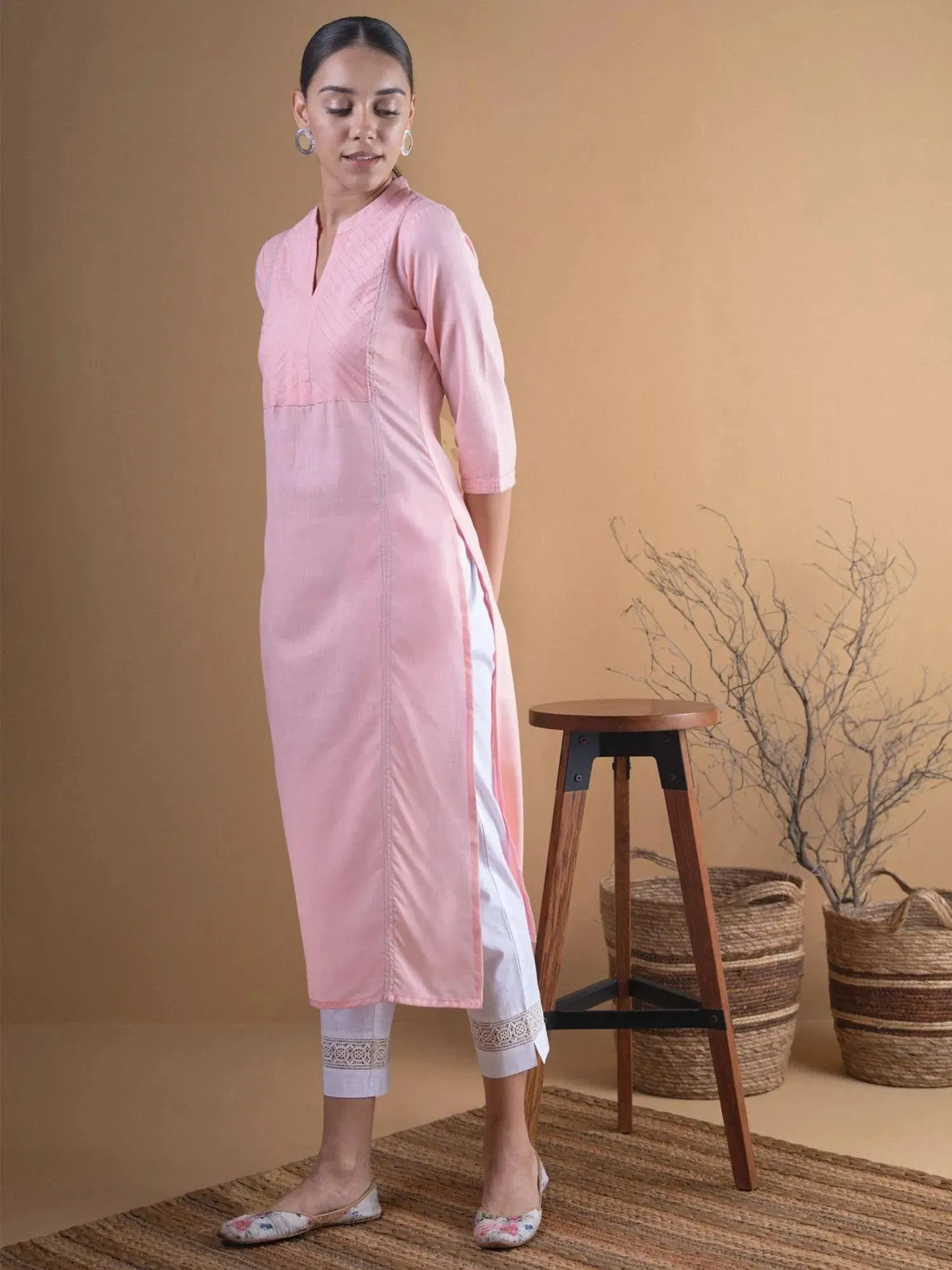 Pink Solid Cotton Kurta