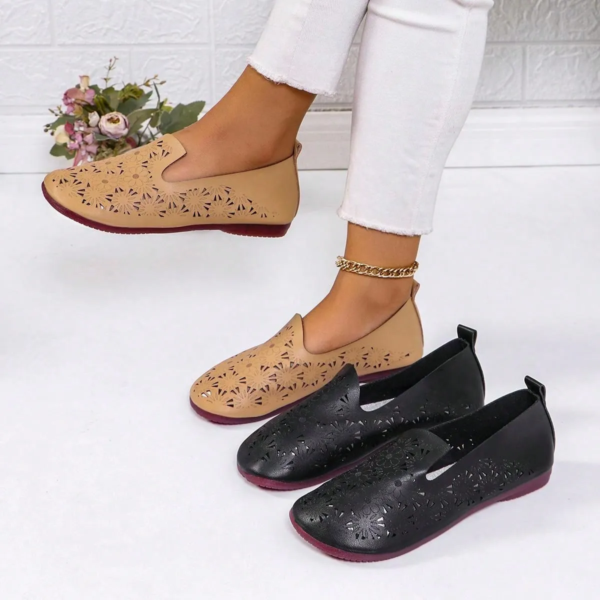 Women's Hollow Out Design Breathable Casual Flat Loafers, Sunflower & Daisy Slip-Resistant Soft Sole Soft Leather